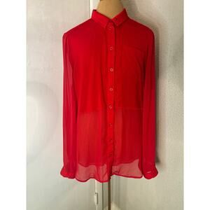 Free People Sheer Button Down Red Blouse M Cherry Girl Boho Coquette Holiday